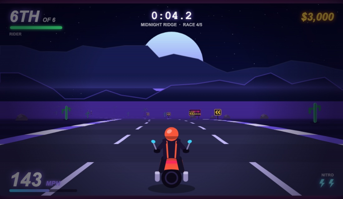 Midnight Ridge route with a purple night synthwave palette
