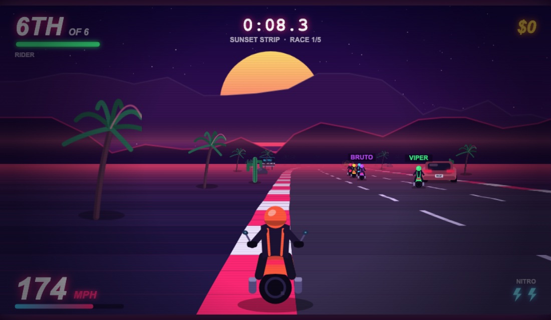 Behind-the-bike racing view with rivals and traffic ahead on a synthwave desert highway